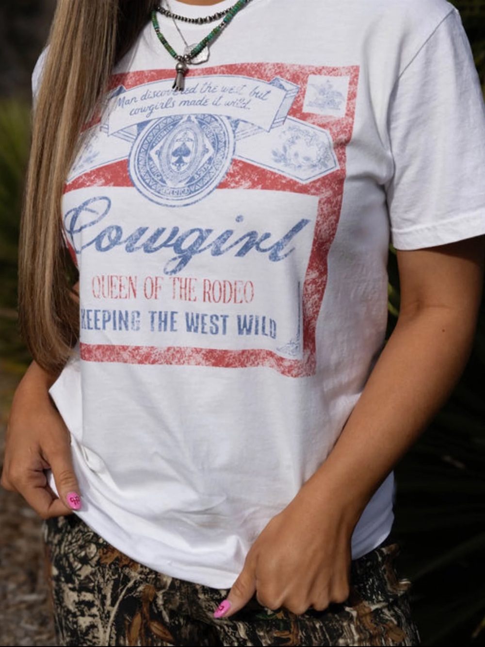 Cowgirl Graphic Tee in White with Red & Blue Print